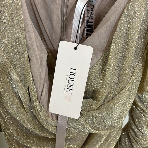 NWT House of CB Felicity Gold Ruched Mesh Off Shoulder Dress L+ - Picture 10 of 14